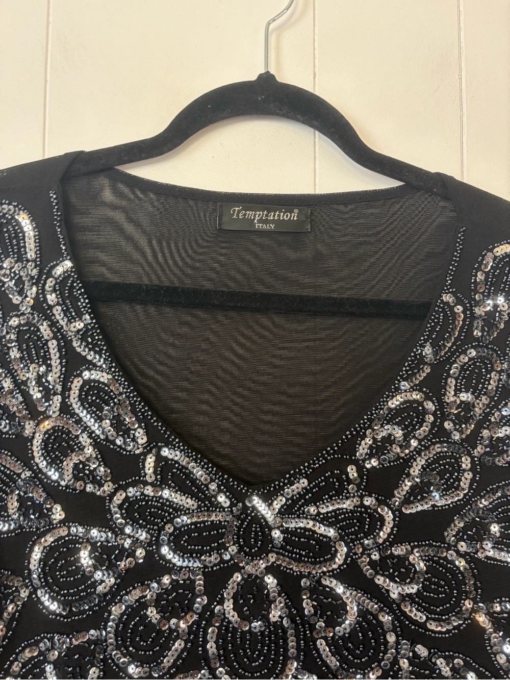 Vintage Size Large Black Beaded Silver Sequin Sheer Top Whimsigoth Gothic Y2K - Picture 3 of 11